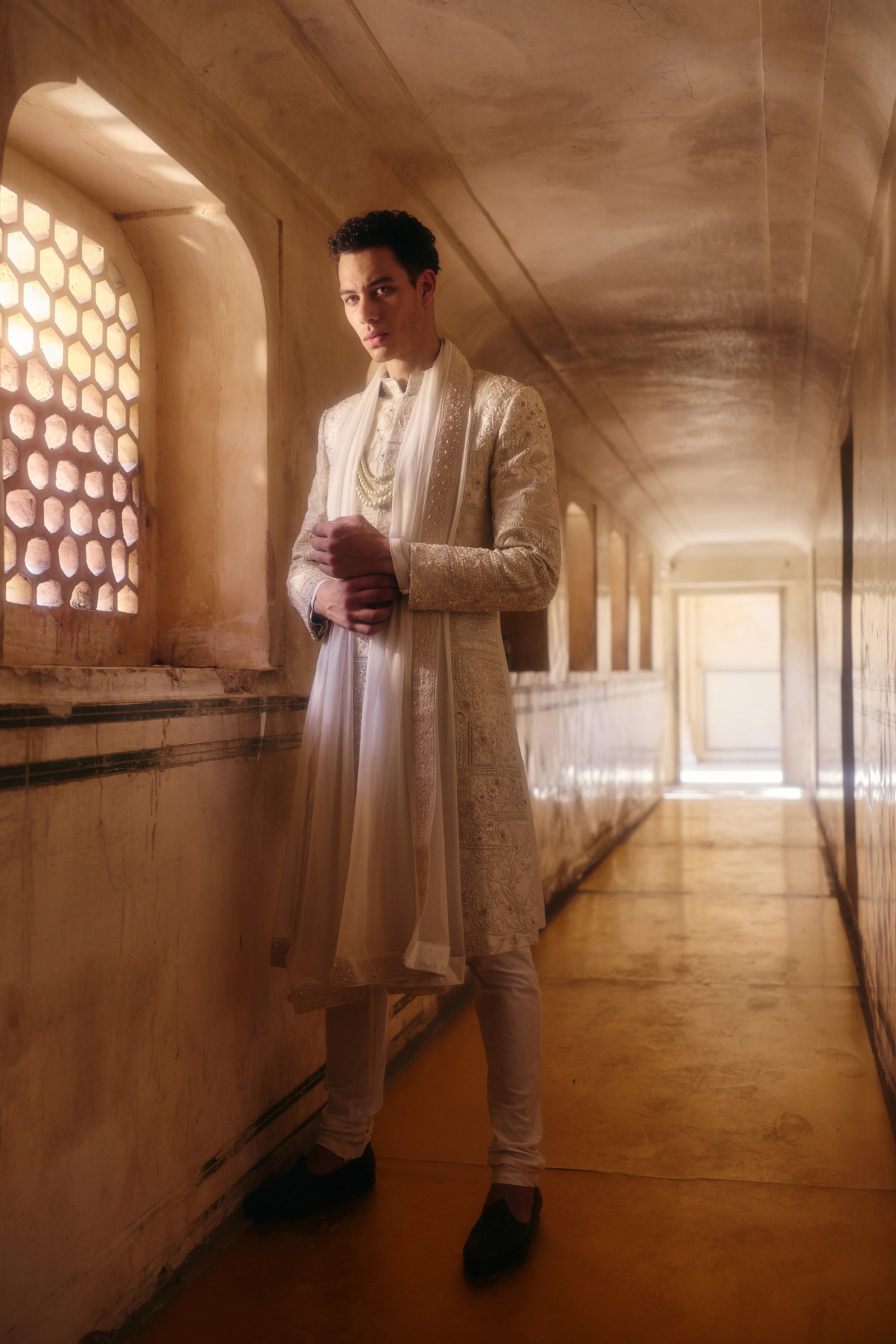 Off-White Pure Tissue Silk Pearl Cutdana Work Sherwani