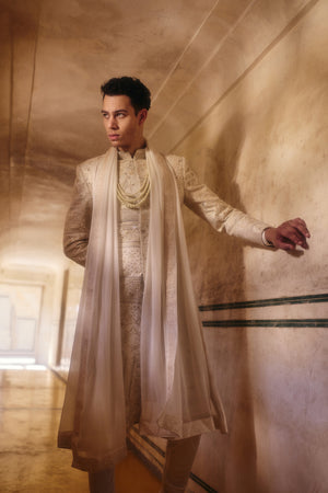 Off-White Pure Tissue Silk Pearl Cutdana Work Sherwani