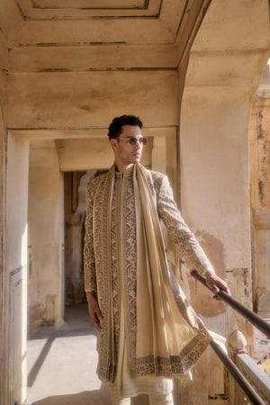 Beige Chanderi Silk Resham Thread Work Sherwani