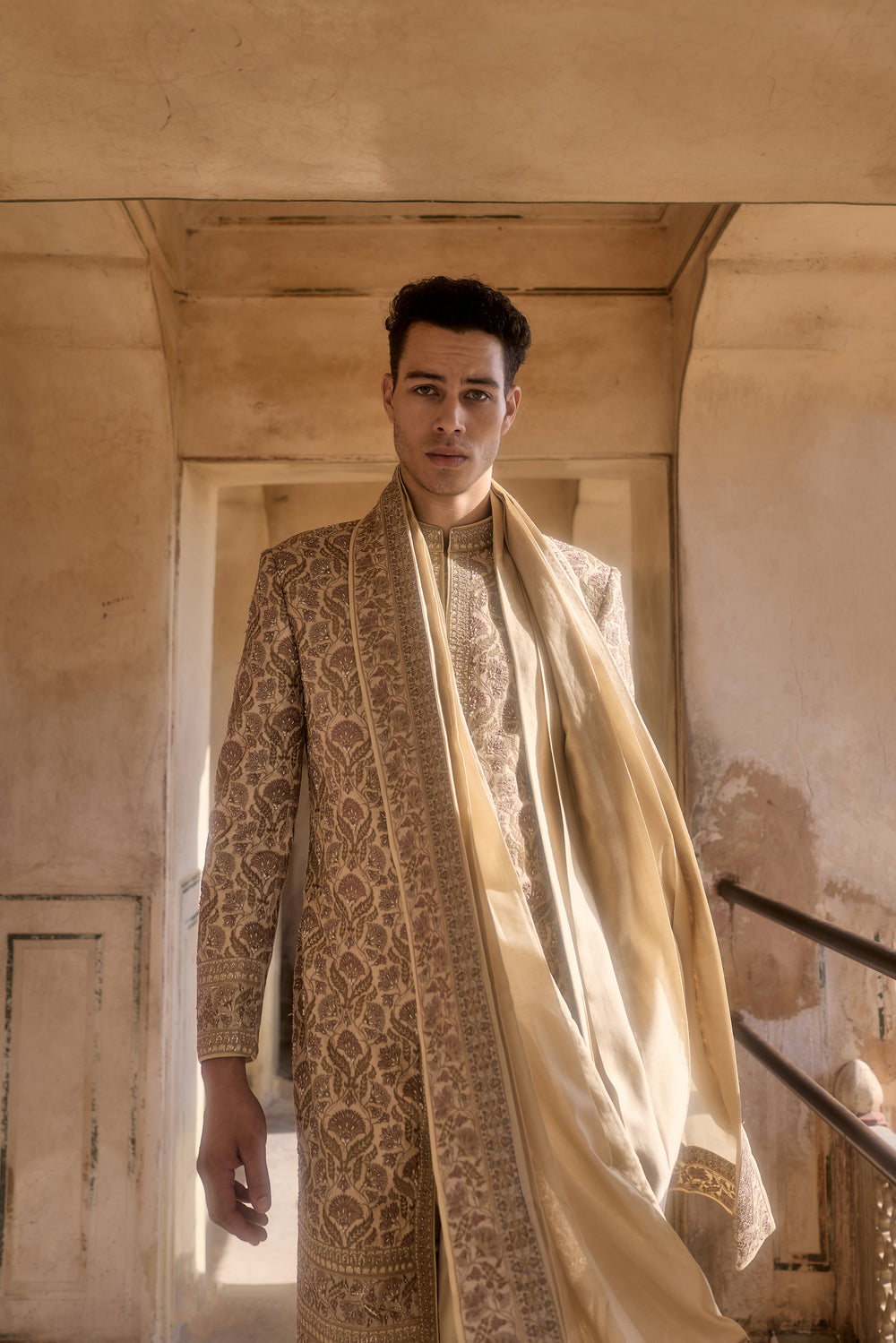 Beige Chanderi Silk Resham Thread Work Sherwani