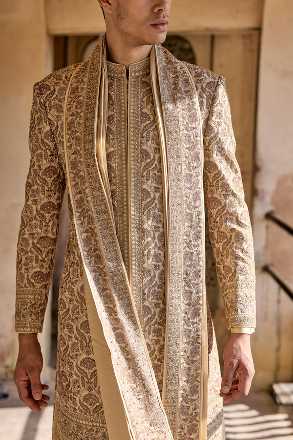 Beige Chanderi Silk Resham Thread Work Sherwani