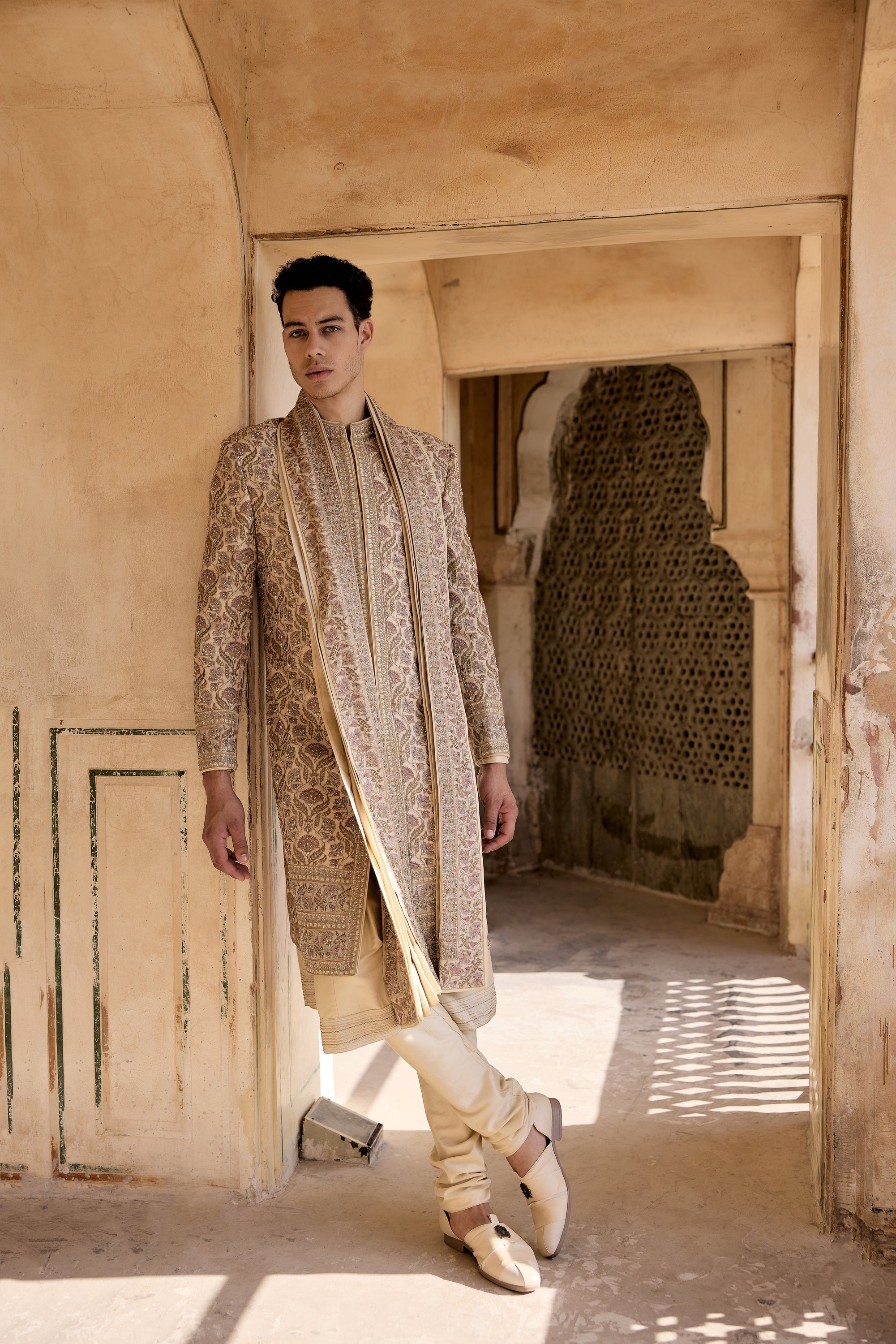 Beige Chanderi Silk Resham Thread Work Sherwani