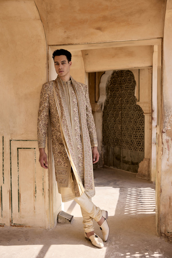 Beige Chanderi Silk Resham Thread Work Sherwani