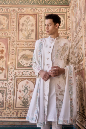 White Pure Raw Silk French Knot Zardosi Cutdana Work Sherwani