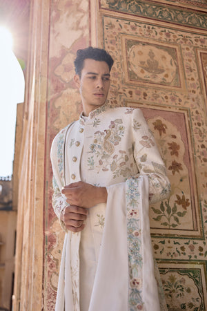 White Pure Raw Silk French Knot Zardosi Cutdana Work Sherwani