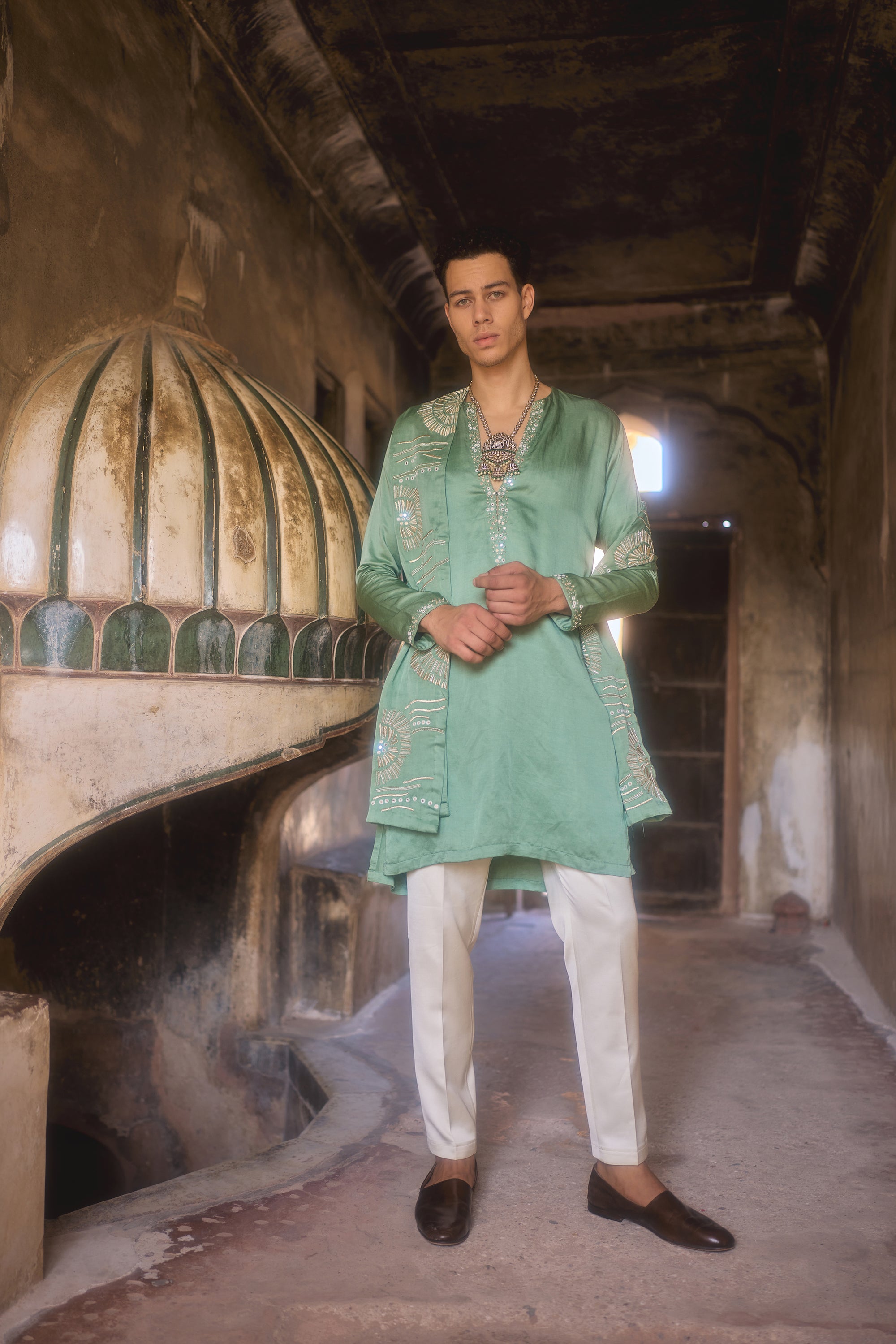 Pistachio Linen Silk Resham Thread Mirror Embellishment Kurta