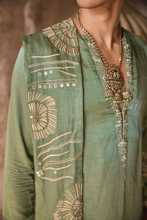 Pistachio Linen Silk Resham Thread Mirror Embellishment Kurta