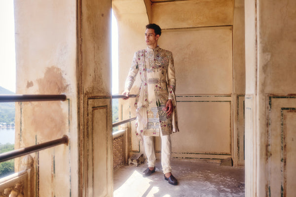 Cream Raw Silk Cutdana Zardosi Work Sherwani