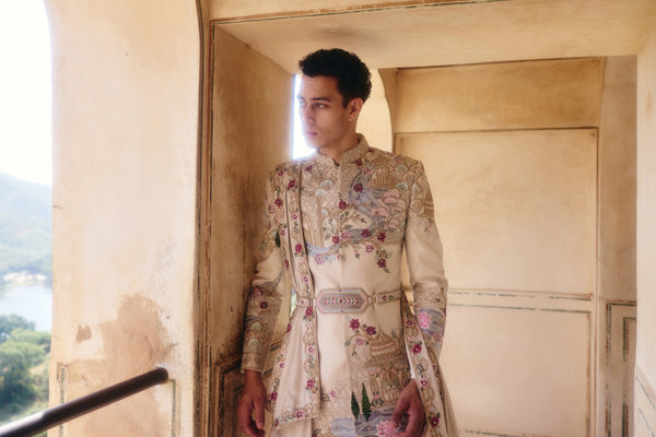 Cream Raw Silk Cutdana Zardosi Work Sherwani