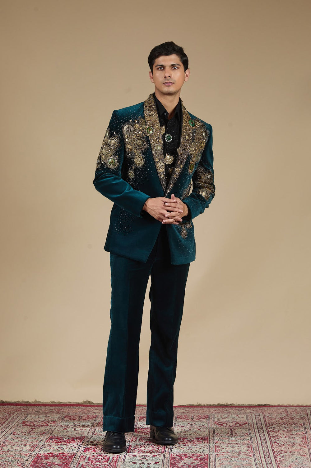 Rama Green Velvet Suit with Silver Disc & Gunmetal Beads