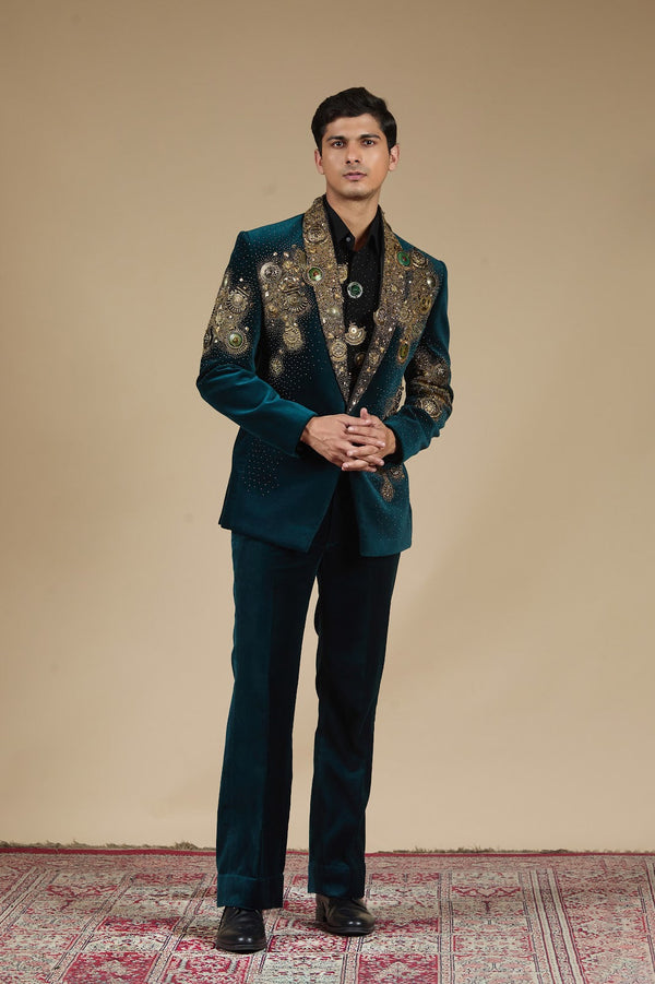 Rama Green Velvet Suit with Silver Disc & Gunmetal Beads