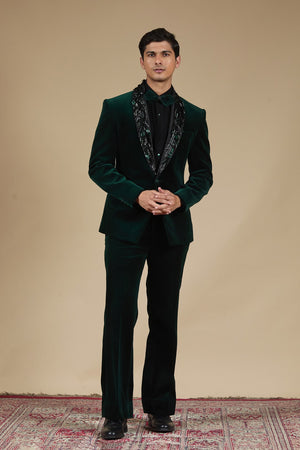 Bottle Green Velvet Hand-Embroidered Tuxedo